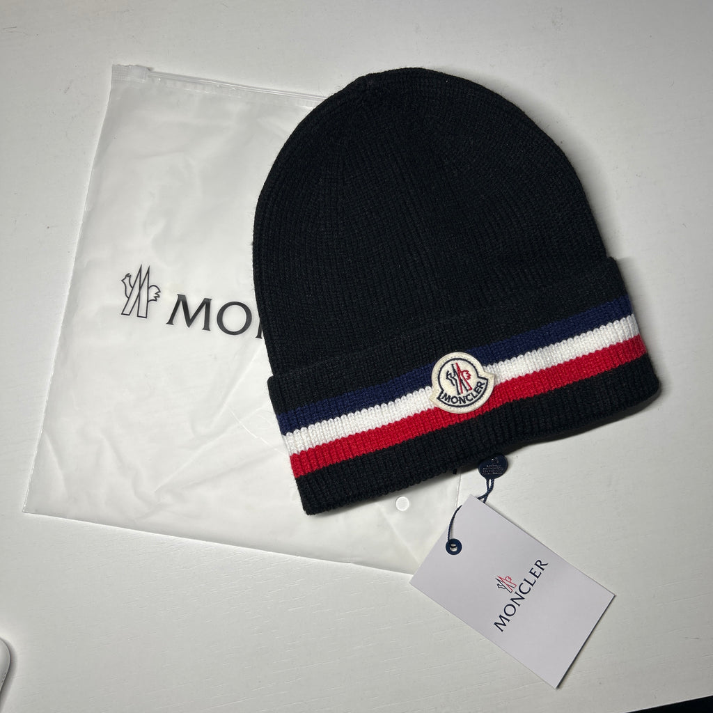 Black wool tricolour designer beanie with dustbag