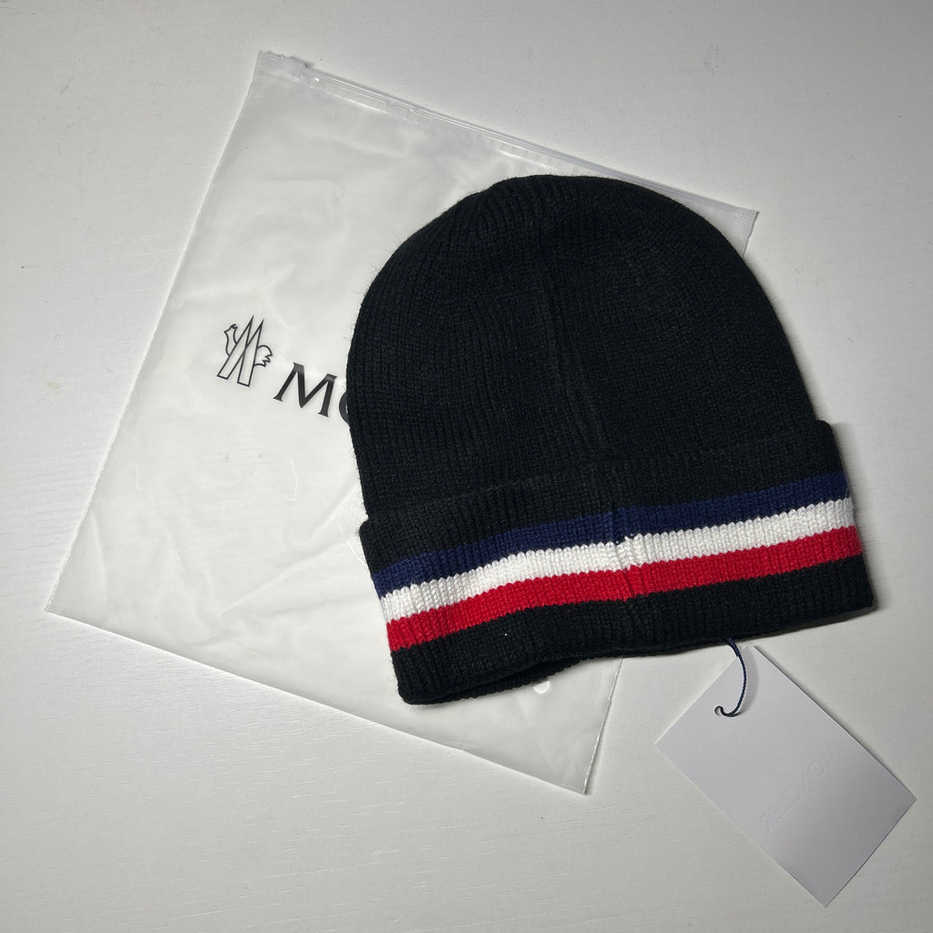 Black wool tricolour designer beanie with dustbag