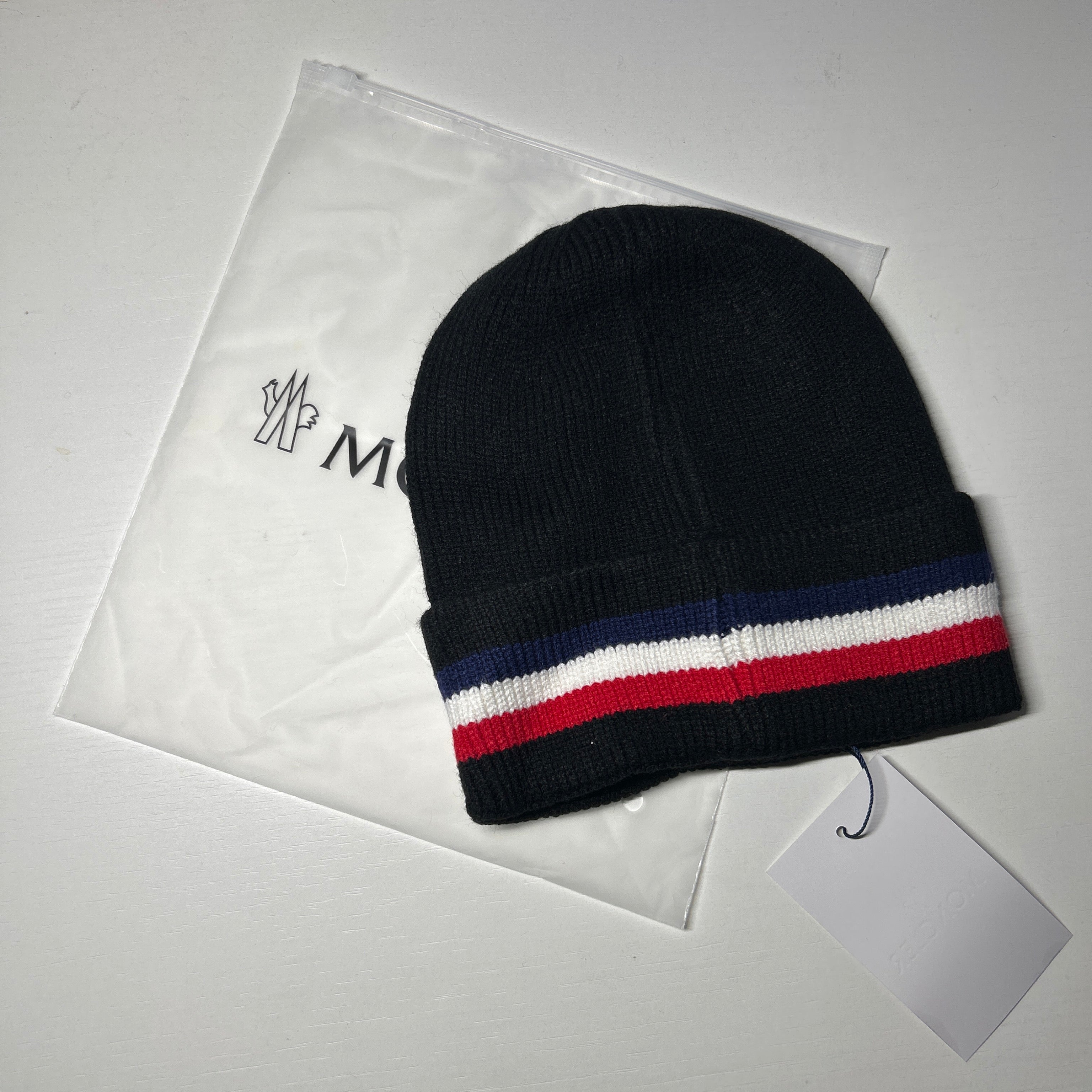 Black wool tricolour designer beanie with dustbag