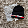 Black wool tricolour designer beanie with dustbag