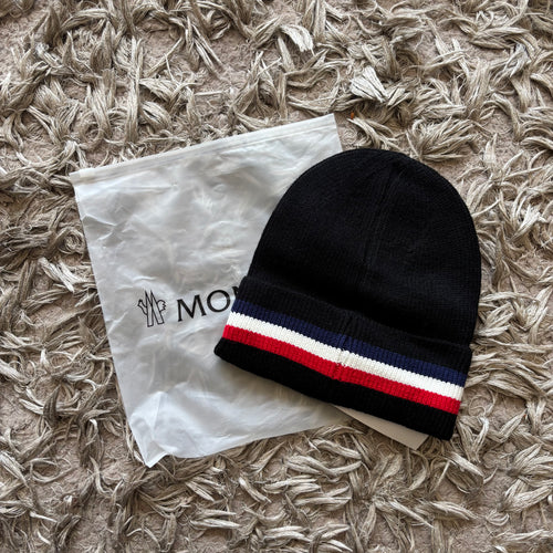 Black wool tricolour designer beanie with dustbag